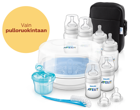 Pulloruokintatuotteita: Philips Avent tuttipullot ja h&ouml;yrysterilointilaitteet